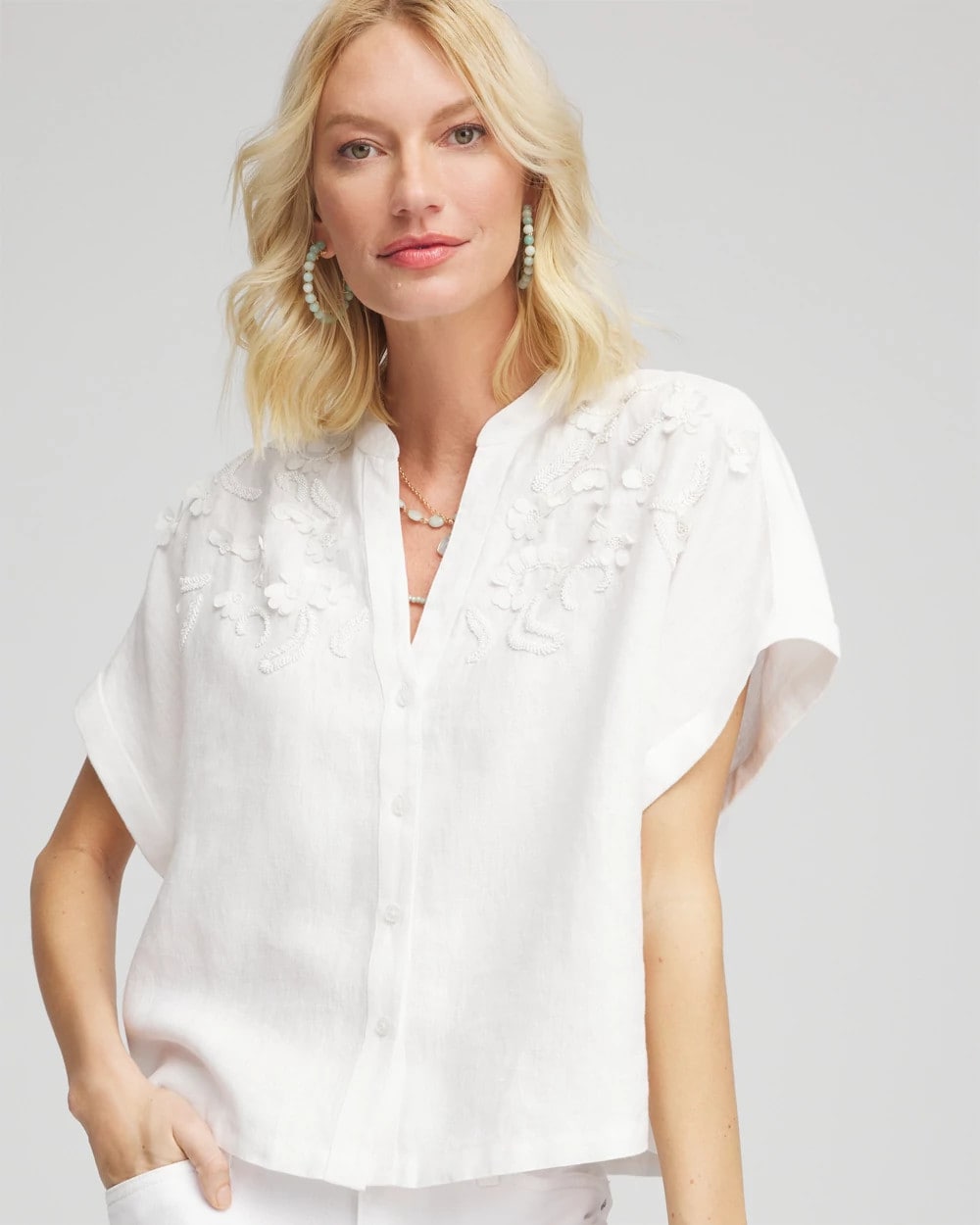Chico's - Embroidered Dolman Sleeved Linen Blouse