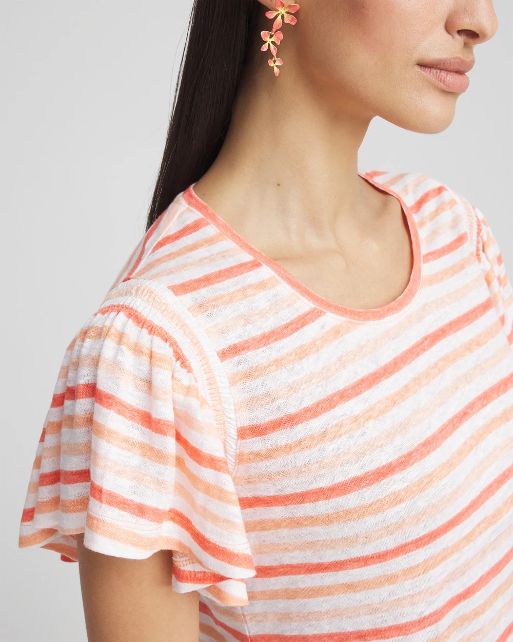 Chico's - Striped Linen Smocked Flutter-Sleeved Tee