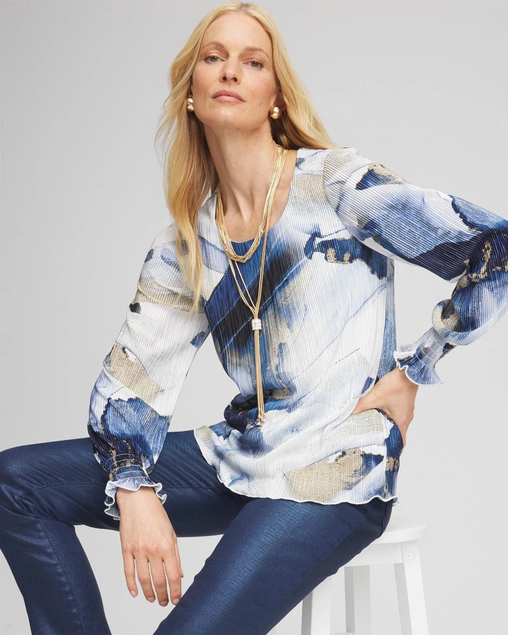 Chico's - Foil Ocean Print Crinkle Top