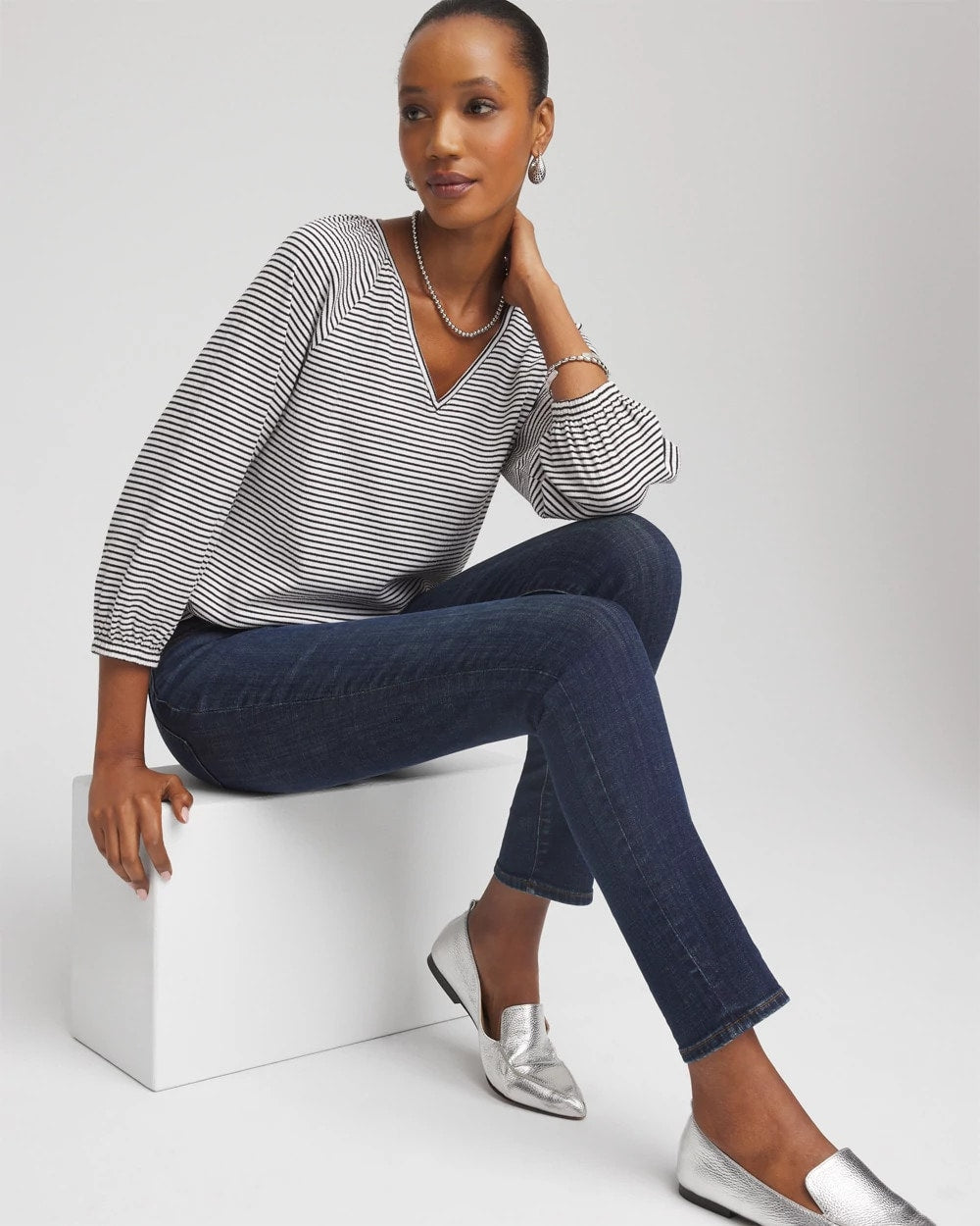 Chico's - Striped Crinkled Raglan Top