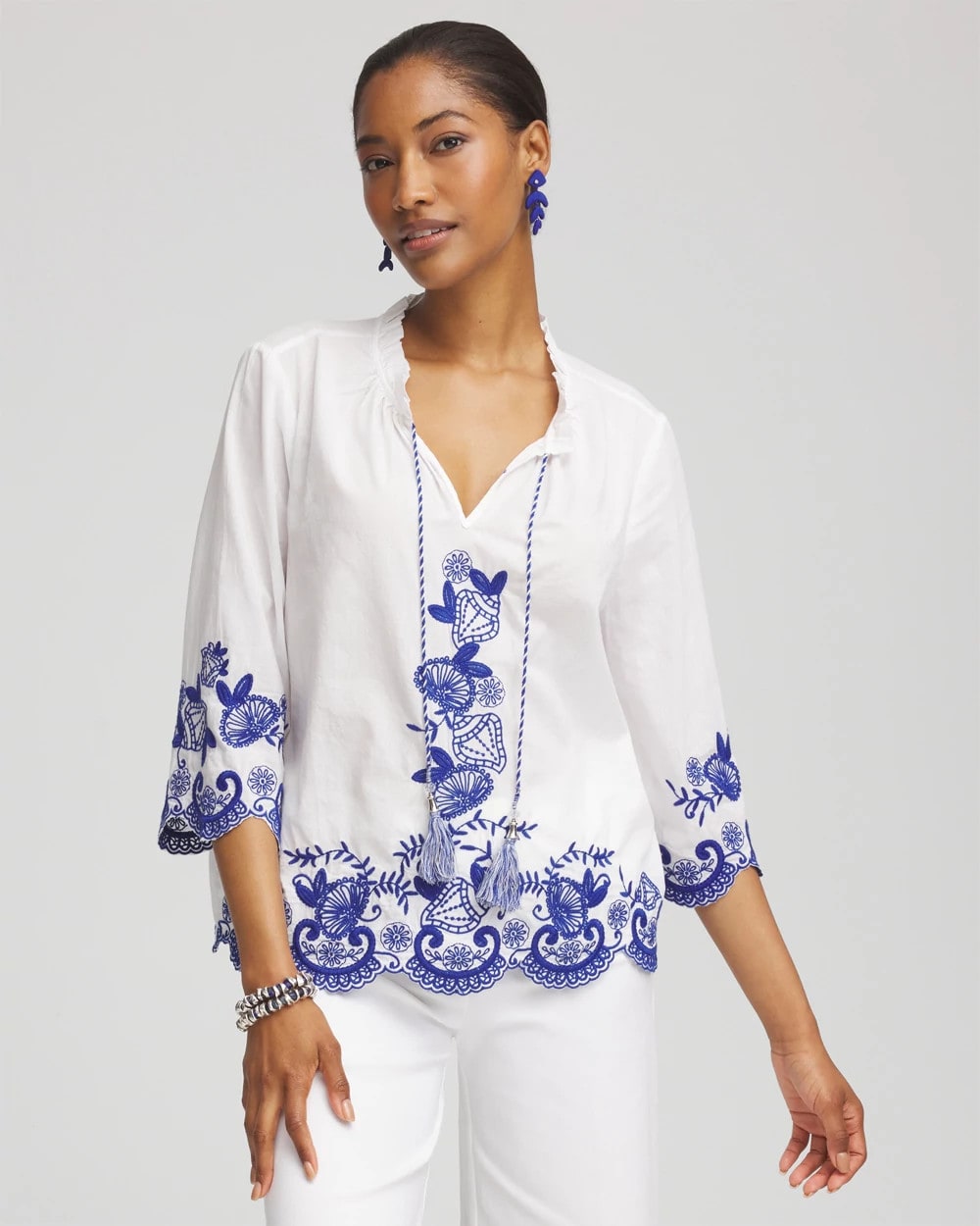 Chico's - Embroidered Tassel Tie-Front Blouse