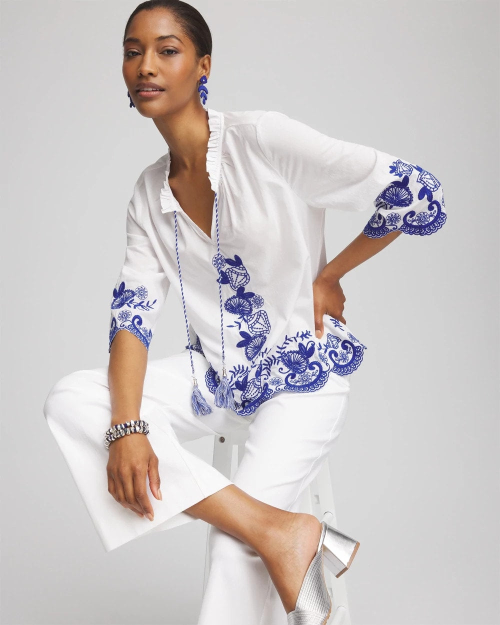 Chico's - Embroidered Tassel Tie-Front Blouse