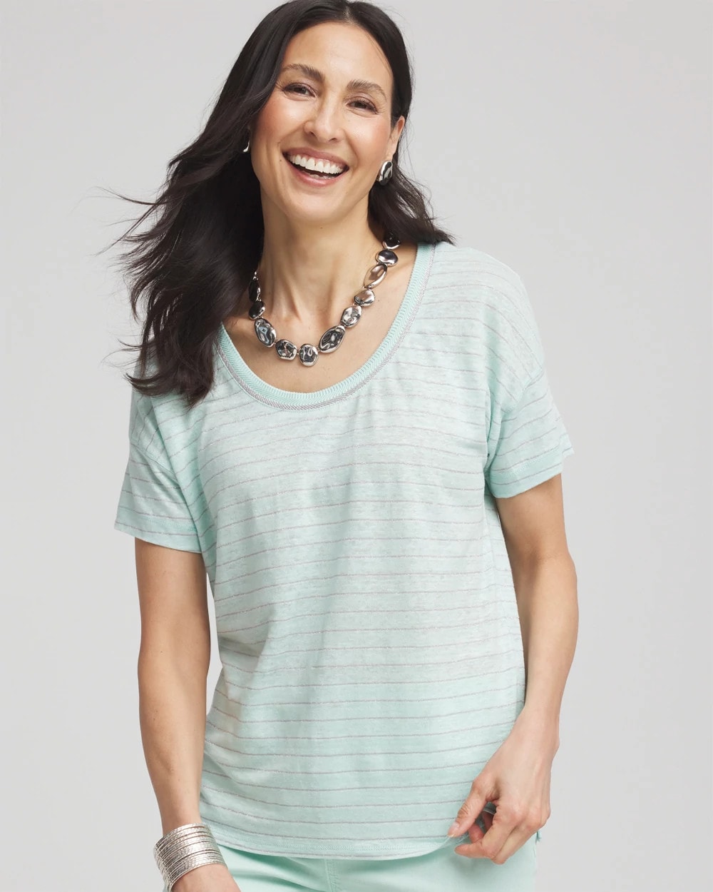 Chico's - Striped Sweater-Trim Linen Tee