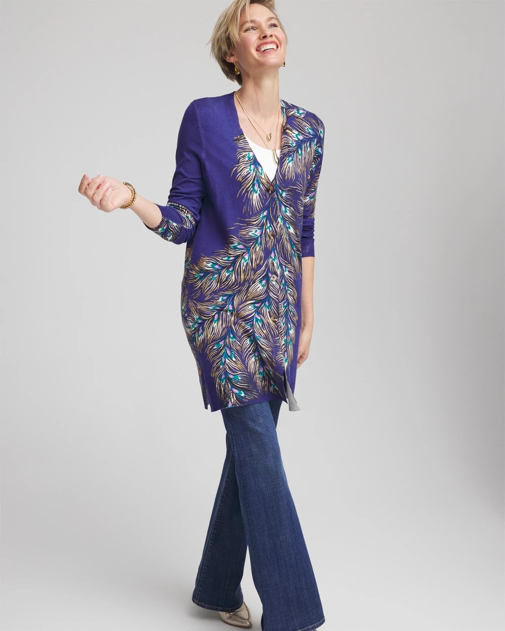 Chico's - Ella Peacock-Print Cardigan Sweater