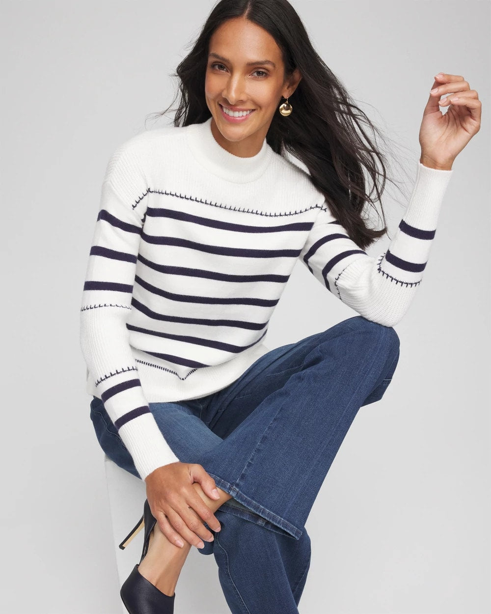 Chico's - Striped Relaxed Mockneck Pullover