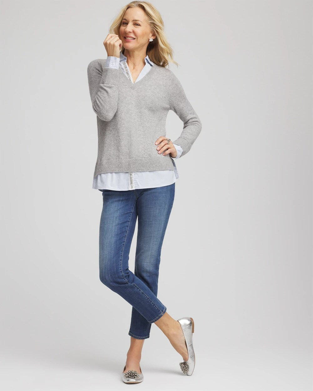 Chico's - Sequin Built-In Shirt Knit Sweater