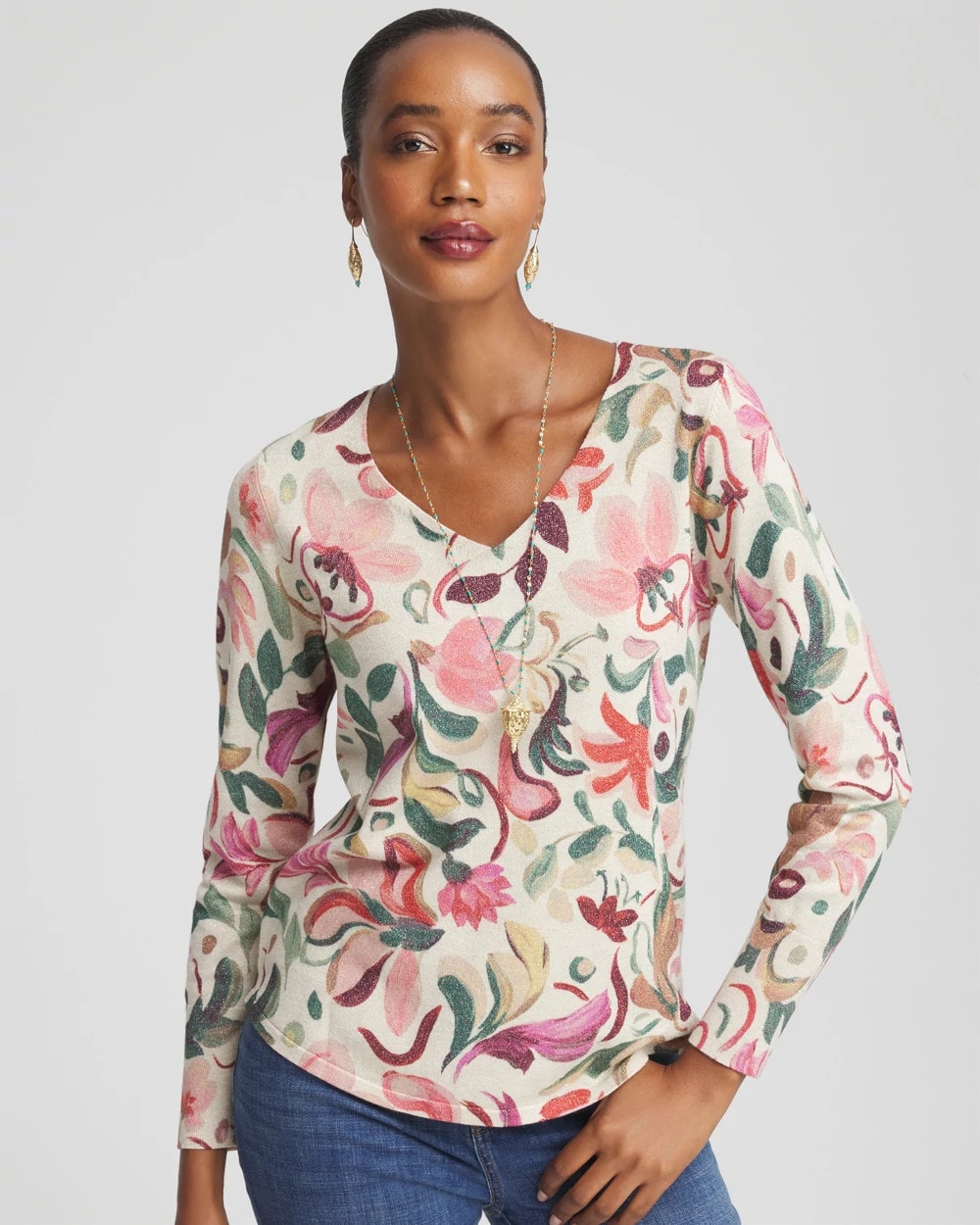 Chico's - Ella V-Neck Floral Pullover Sweater