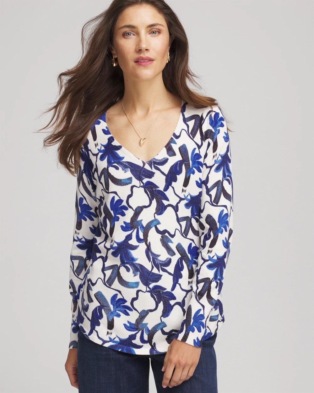 Chico's - Ella V-Neck Blue-Petals Pullover Sweater