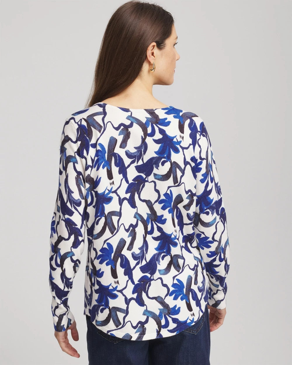Chico's - Ella V-Neck Blue-Petals Pullover Sweater
