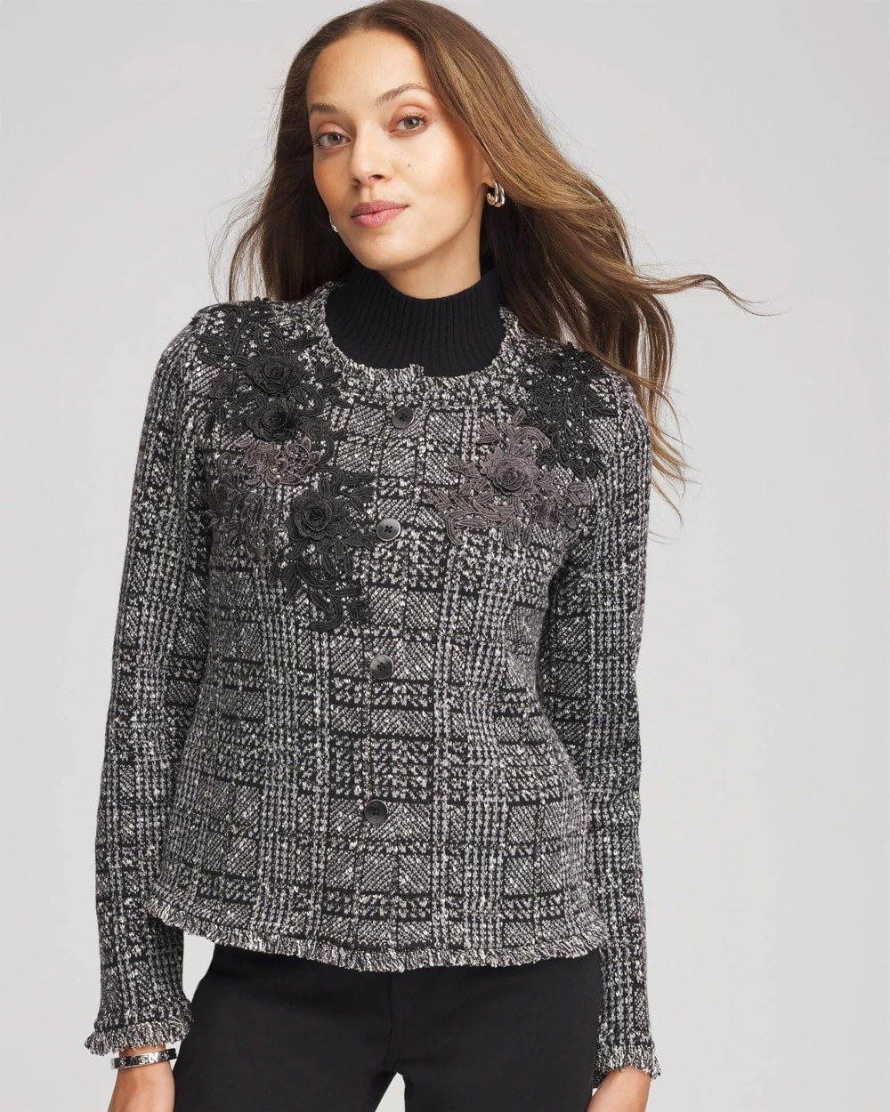 Chico's - Embroidered Metallic Tweed Cardigan