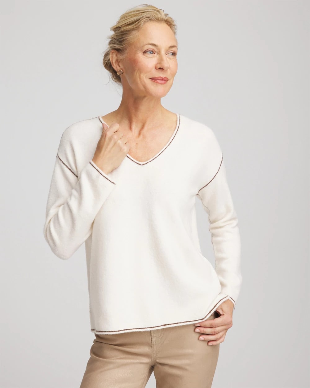 Chico's - Contrast Stitch V-Neck Sweater