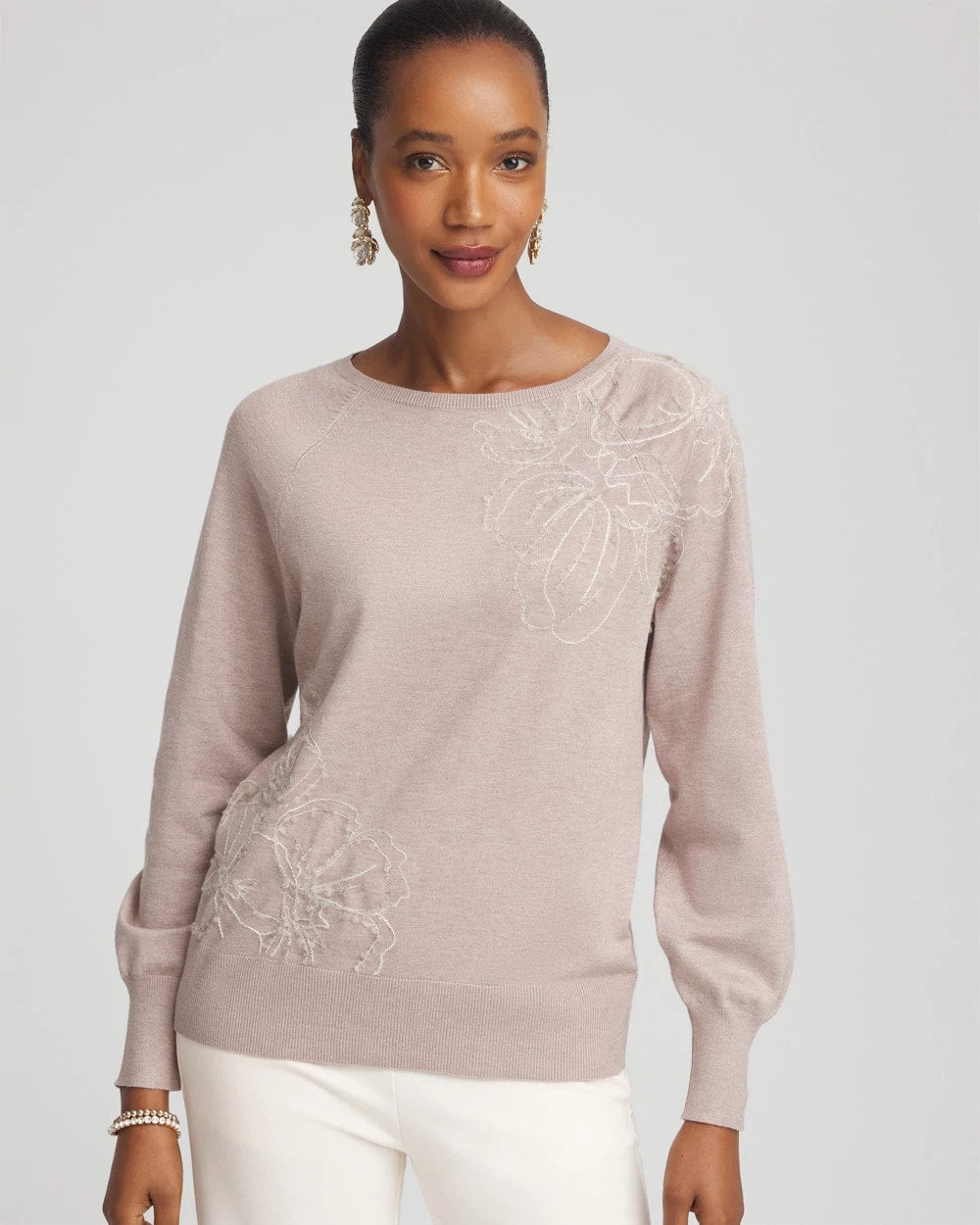 Chico's - Embroidered Pull-Over Boatneck Sweater