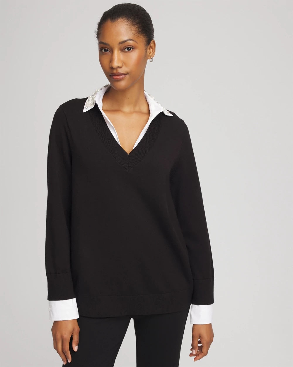 Chico's - Embellished Layered Collar Shirt Sweater