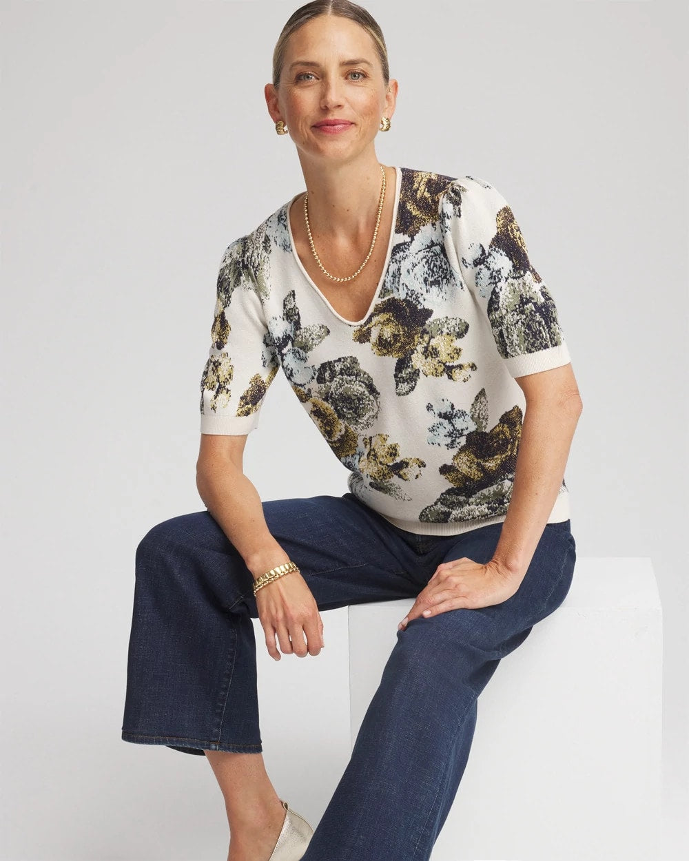 Chico's - Floral V-Neck Sweater Tee