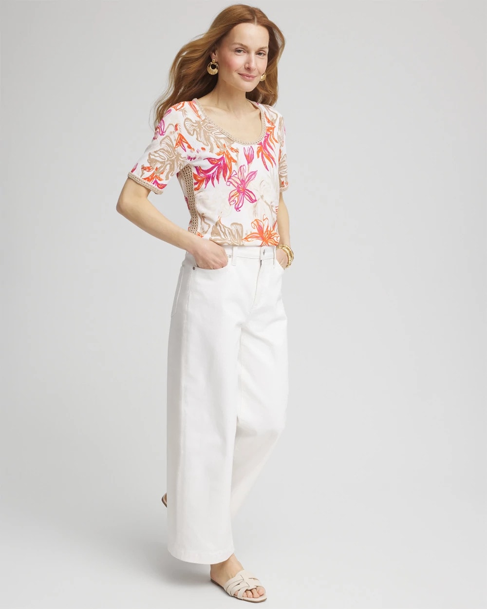 Chico's - Floral Print Crochet-Trim Pullover Sweater