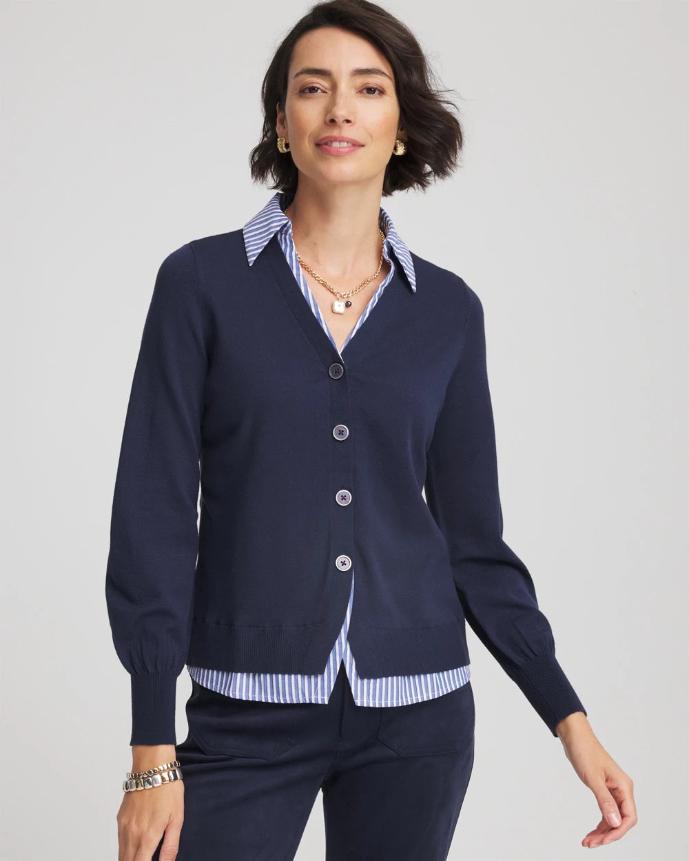 Chico's - Striped Collared Cardigan Sweater