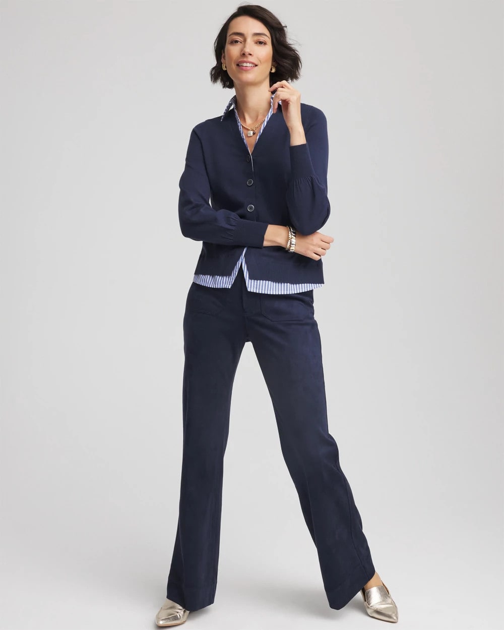Chico's - Striped Collared Cardigan Sweater