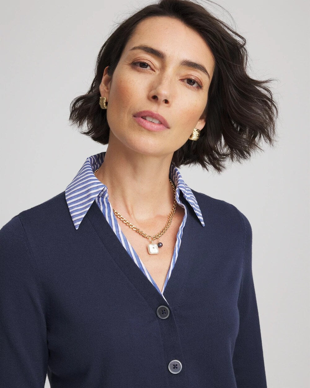 Chico's - Striped Collared Cardigan Sweater
