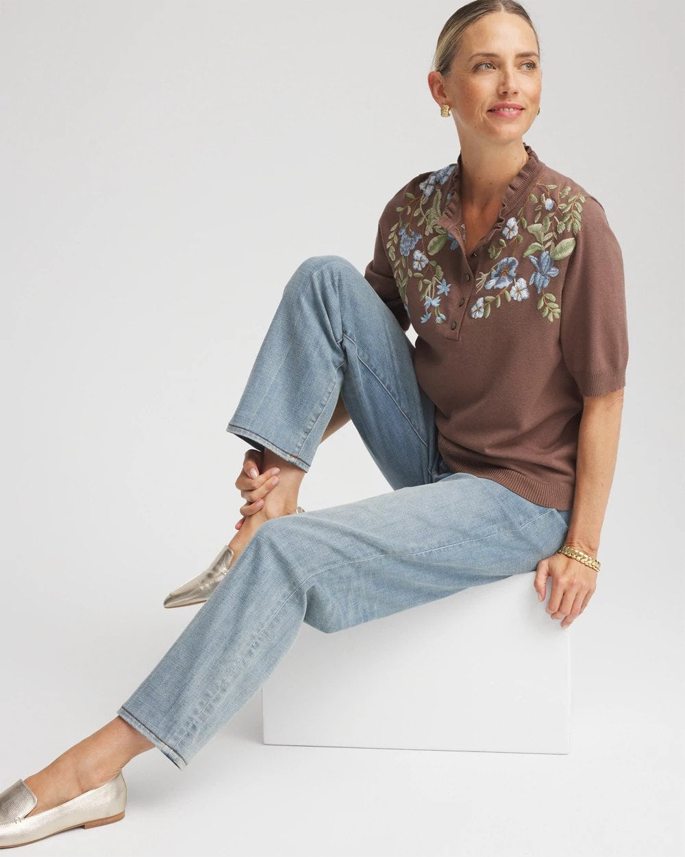 Chico's - Embroidered Henley Pullover Sweater