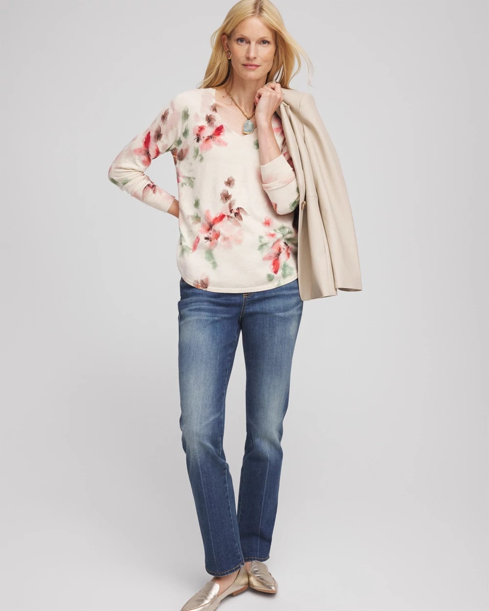 Chico's - Ella Flowers & Cream Pullover Sweater