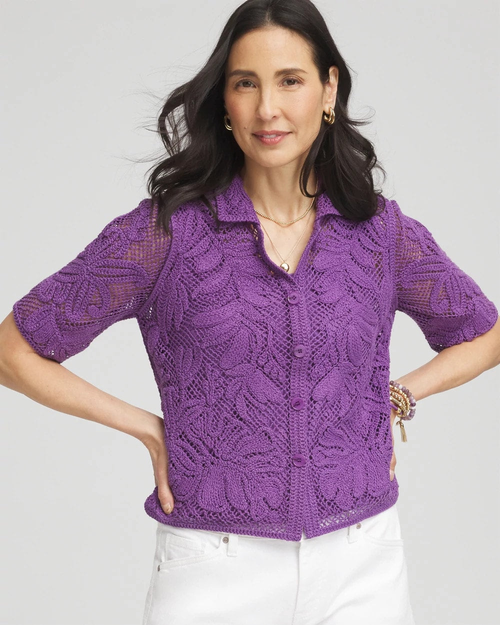 Chico's - Palm-Frond Crochet-Lace Shacket