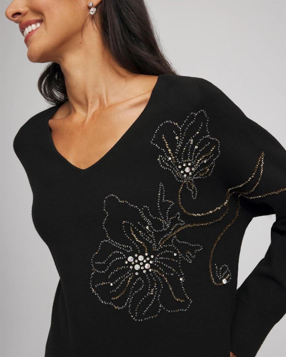 Chico's - Floral Embellished Dolman V-Neck Pullover