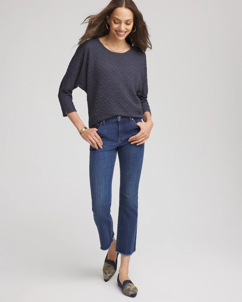 Chico's - Textured Denim-Motif Tapered-Hem Top