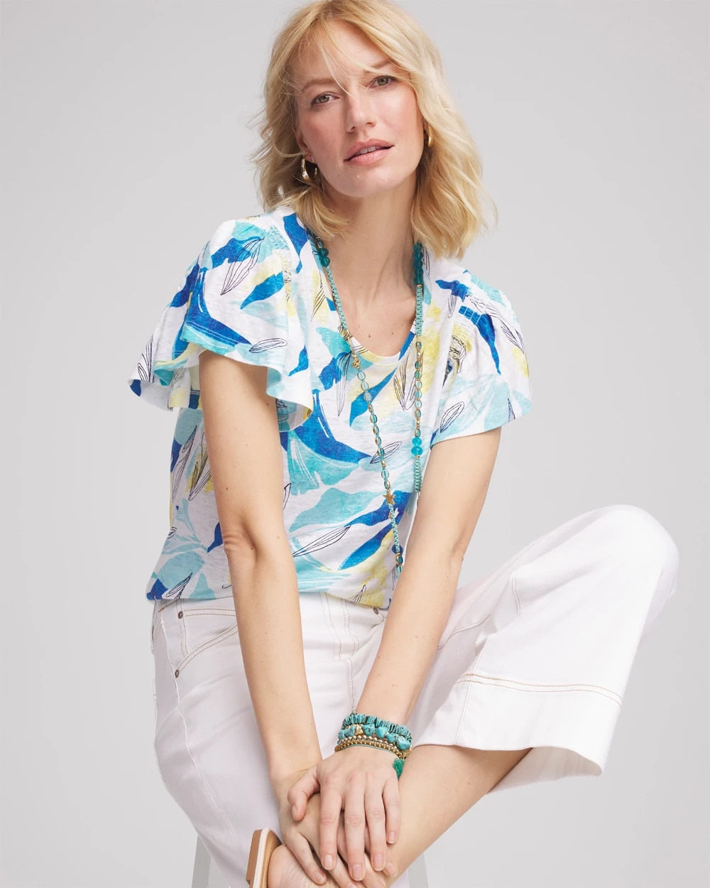 Chico's - Linen Smocked Flutter-Sleeved Tee