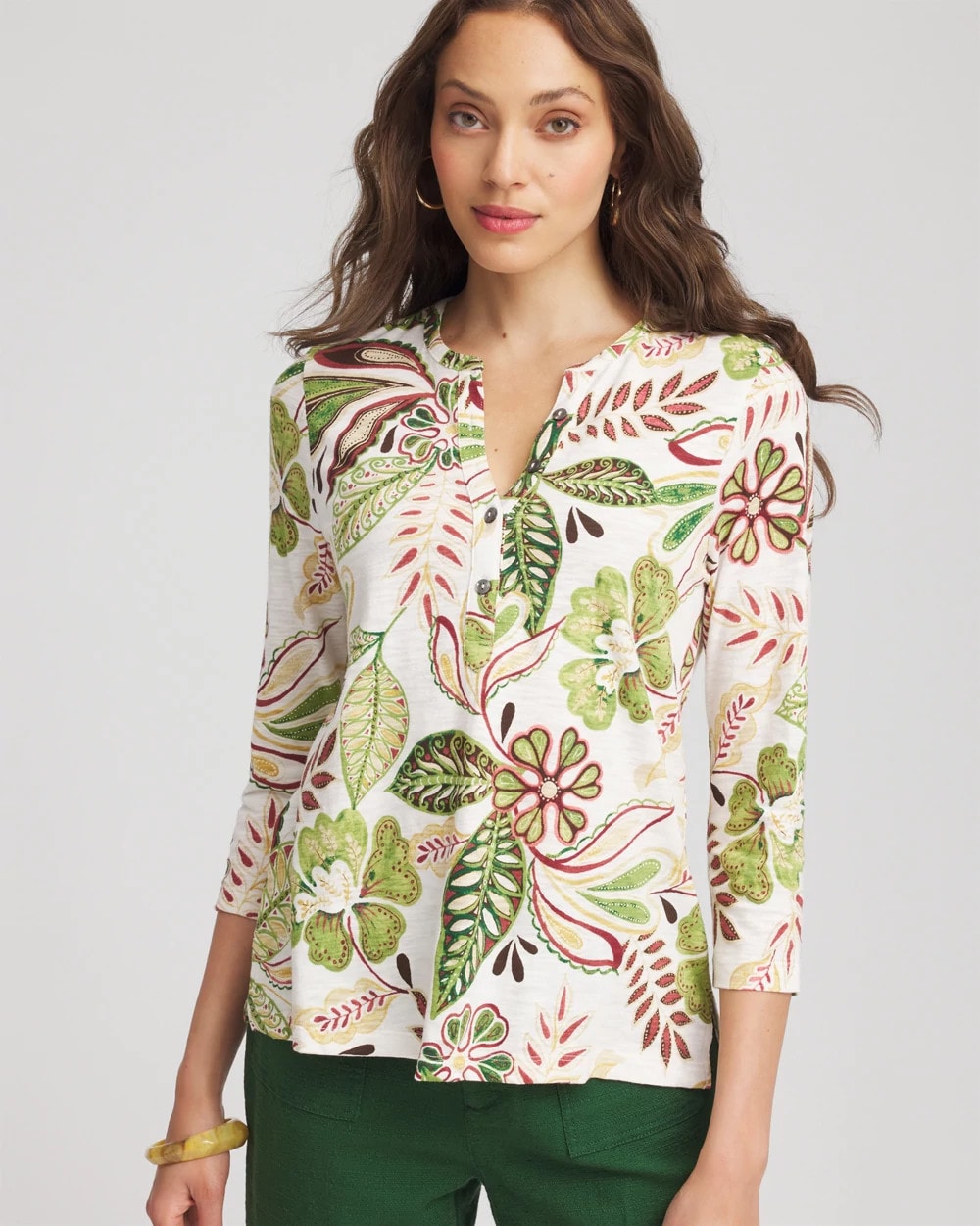 Chico's - Tropical Cotton Slub Henley Shirt