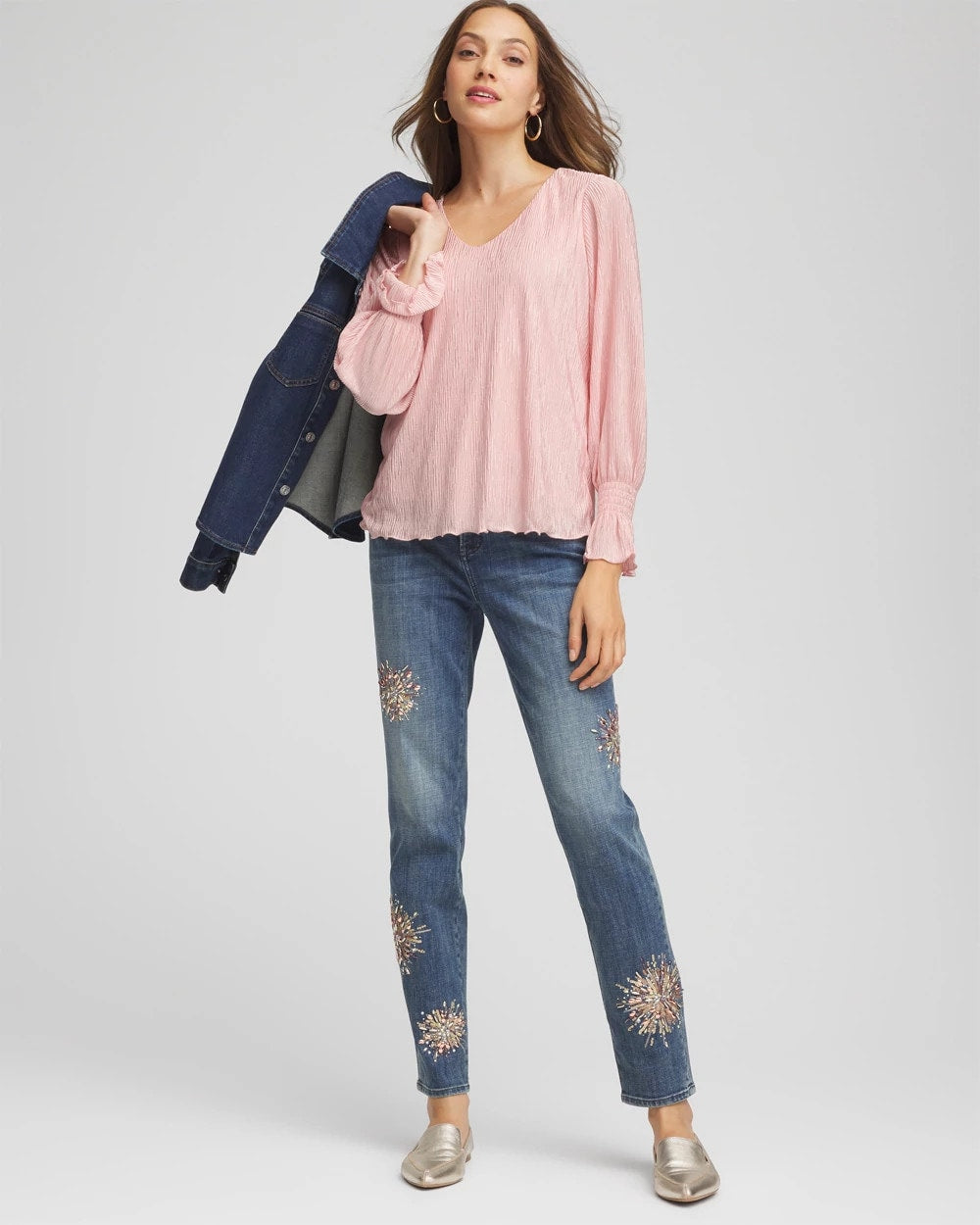 Chico's - Crinkle Bodre Voop Neck Top