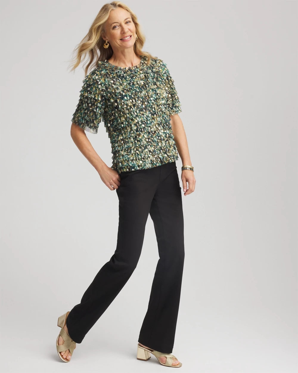 Chico's - Foiled Mesh Ruffle Crop Tee