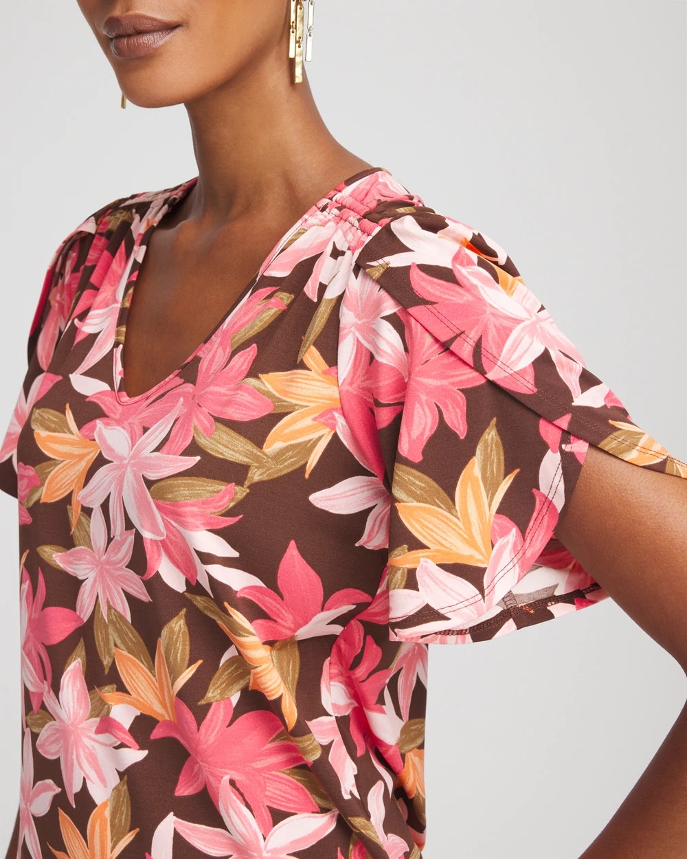 Chico's - Floral Petal-Sleeve Voop Neck Tee