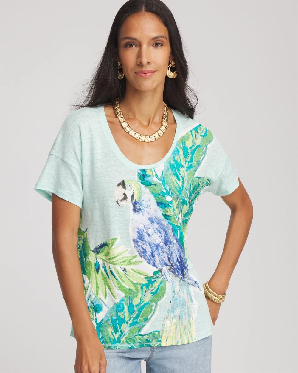 Chico's - Linen Embellished Parrot Easy Tee