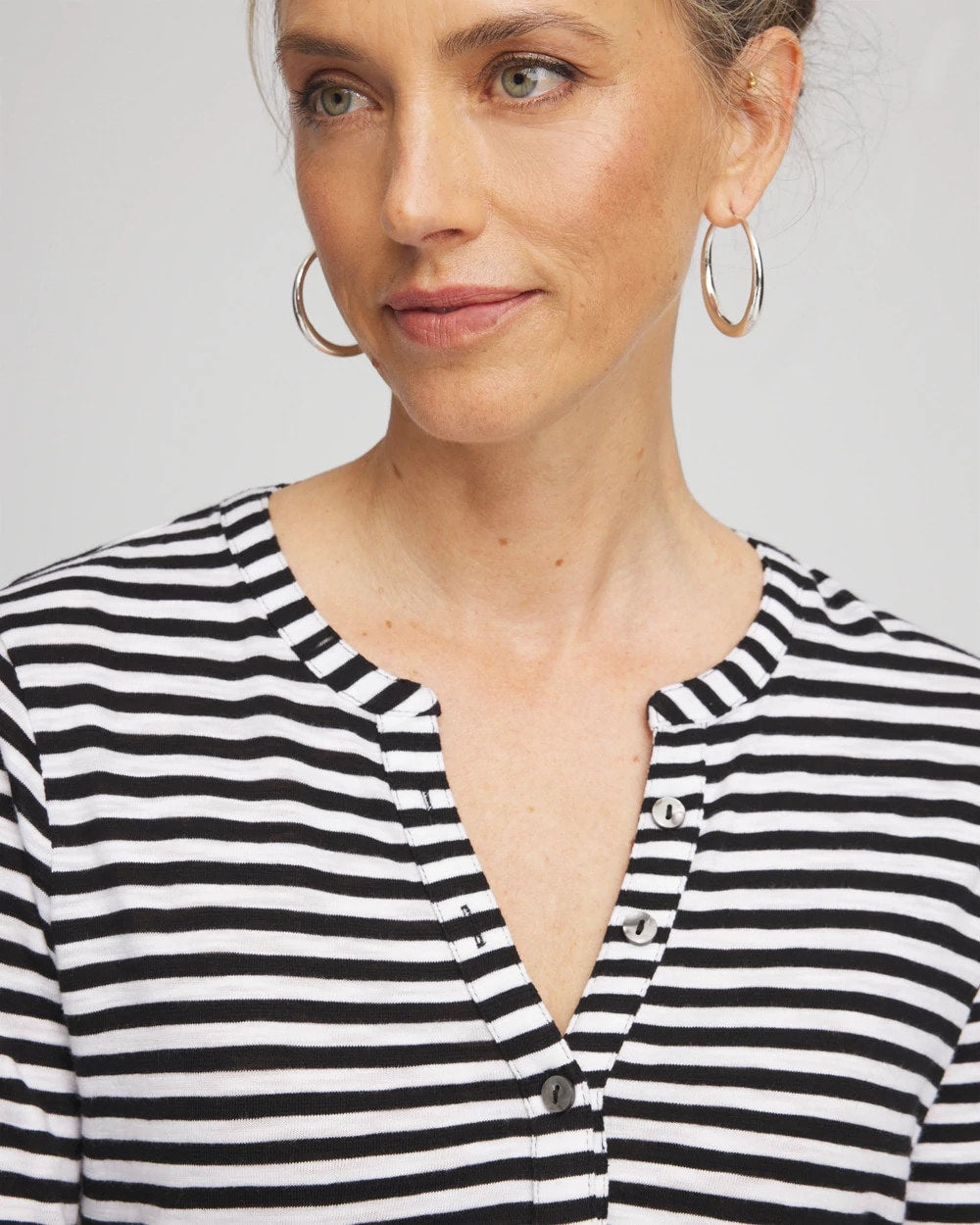Chico's - Striped Slub Splitneck Henley Tee