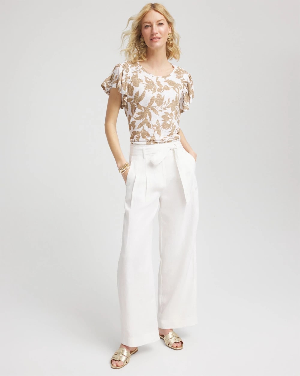 Chico's - Linen Leaf Print Flutter Sleeve Tee