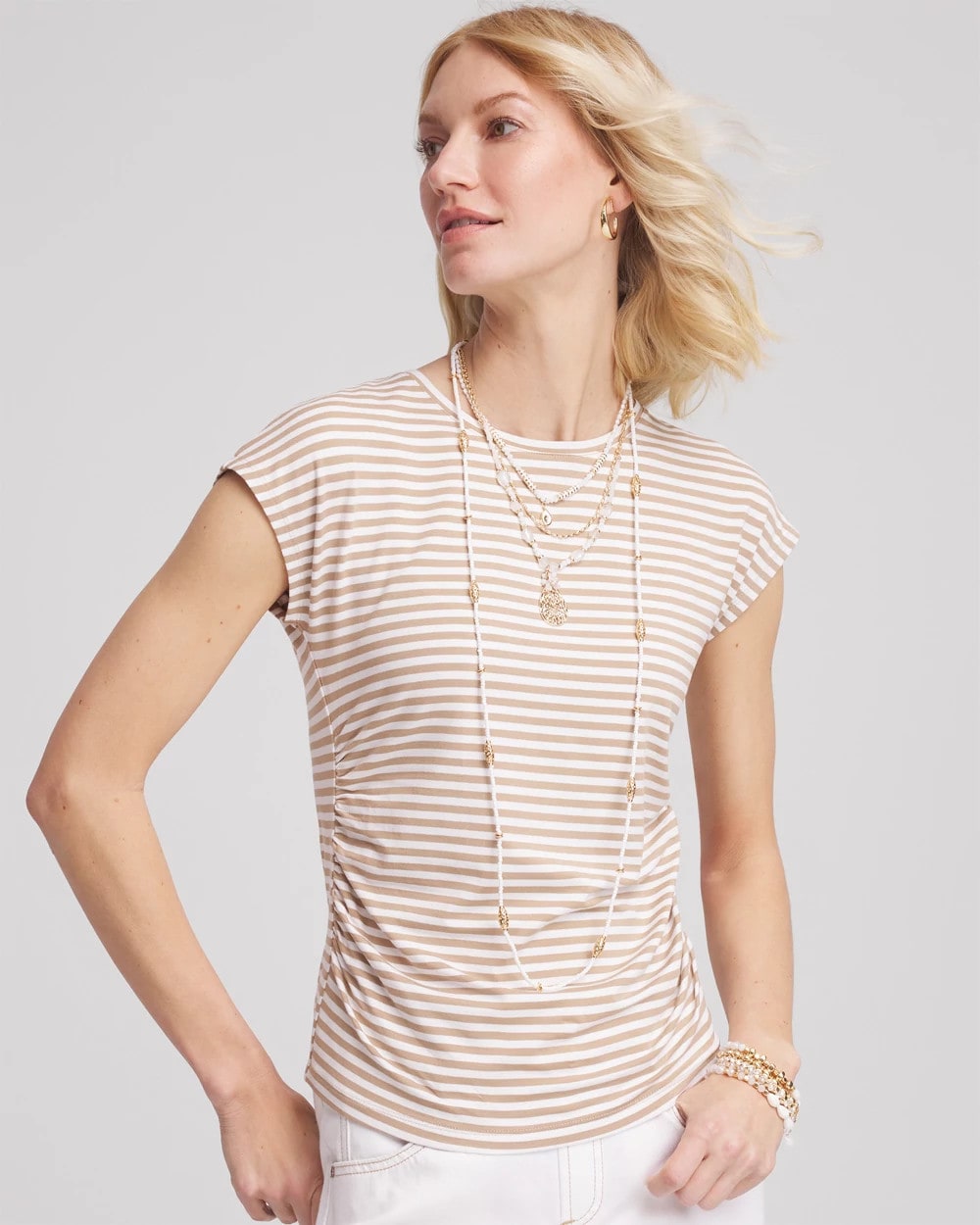 Chico's - Neutral Striped Cap Sleeve Dolman Tee