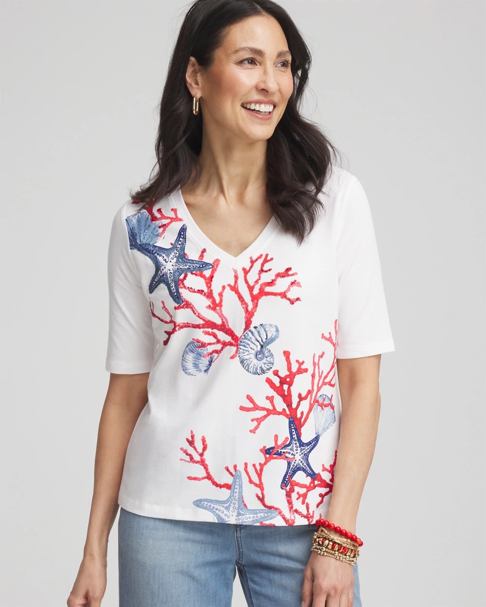 Chico's - Coral Print V-Neck Perfect Tee