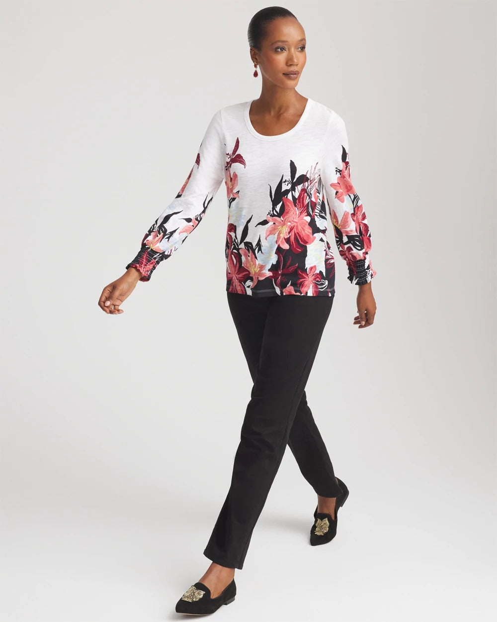 Chico's - Floral-Motif Smocked Cotton-Slub Tee