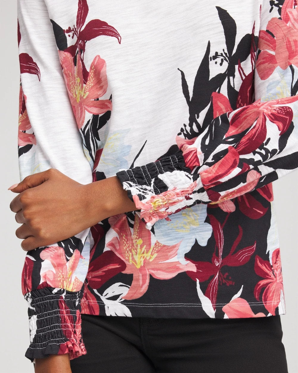 Chico's - Floral-Motif Smocked Cotton-Slub Tee