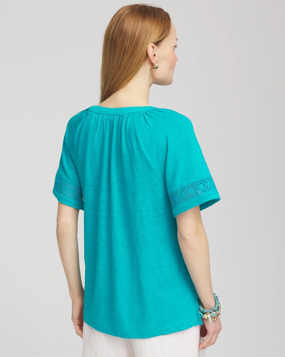 Chico's - Linen Lace-Cutwork Sleeve Henley Tee