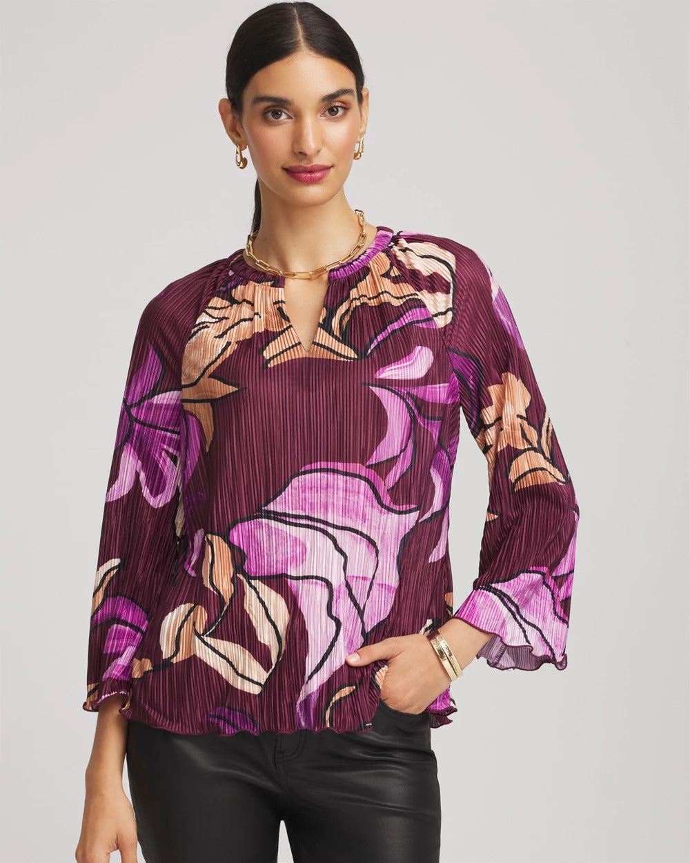 Chico's - Printed Pleated V-Neck Tee