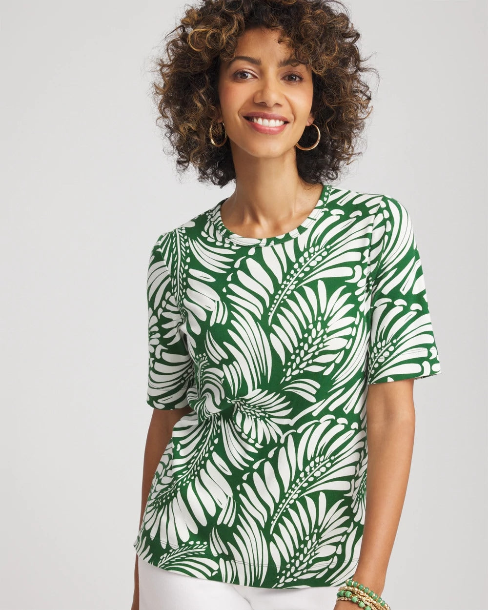 Chico's - Palm-Frond-Motif Classic-Fit Pima Tee