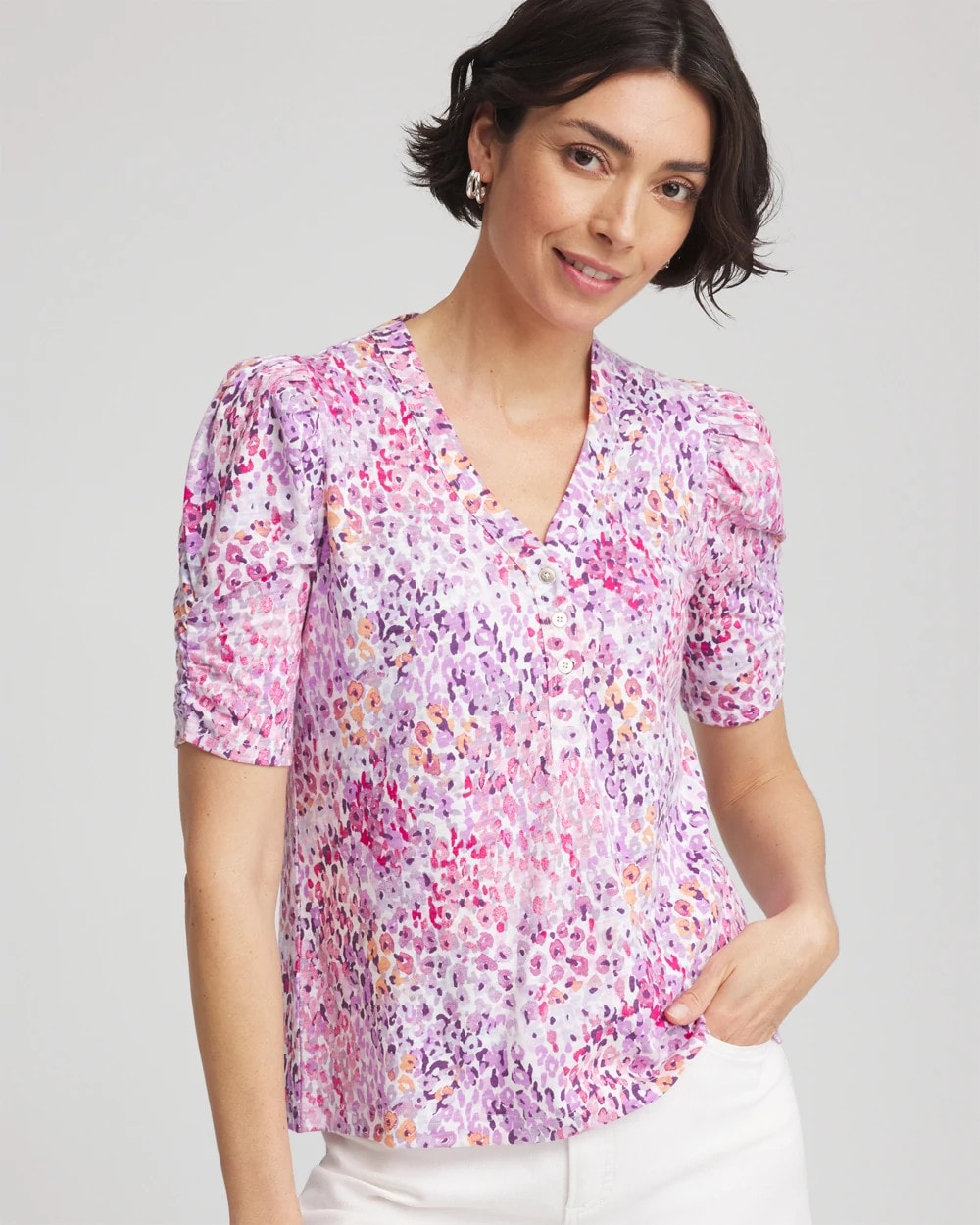 Chico's - Animal Print Slub Henley Tee