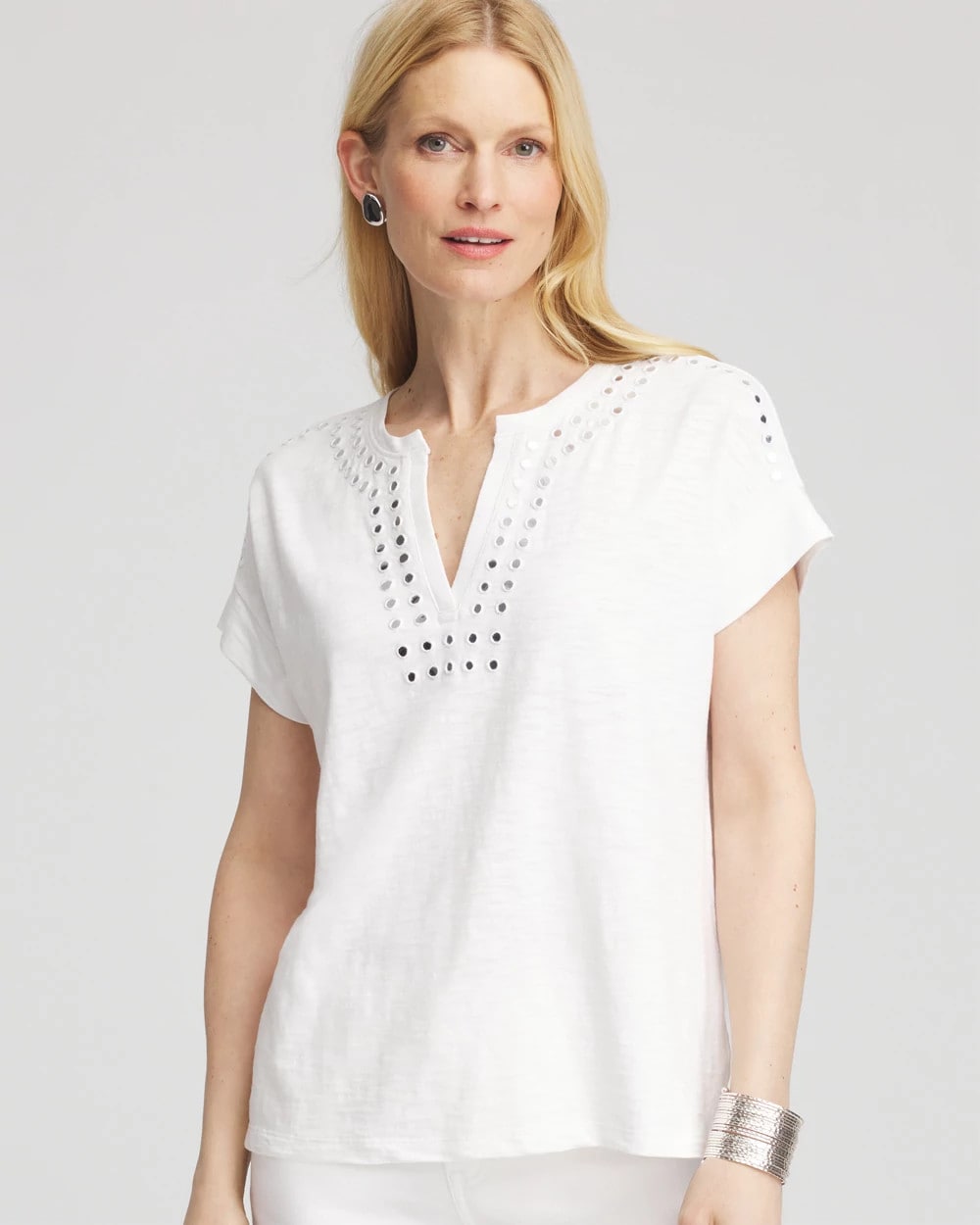 Chico's - Paillette Trim Cotton Slub Tee