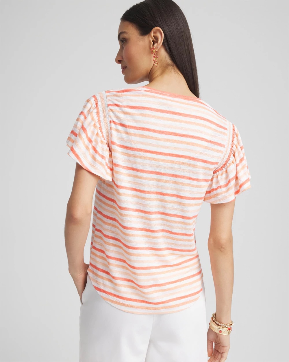 Chico's - Striped Linen Smocked Flutter-Sleeved Tee
