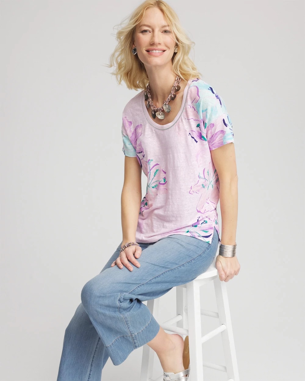 Chico's - Floral Sweater-Trim Linen Tee