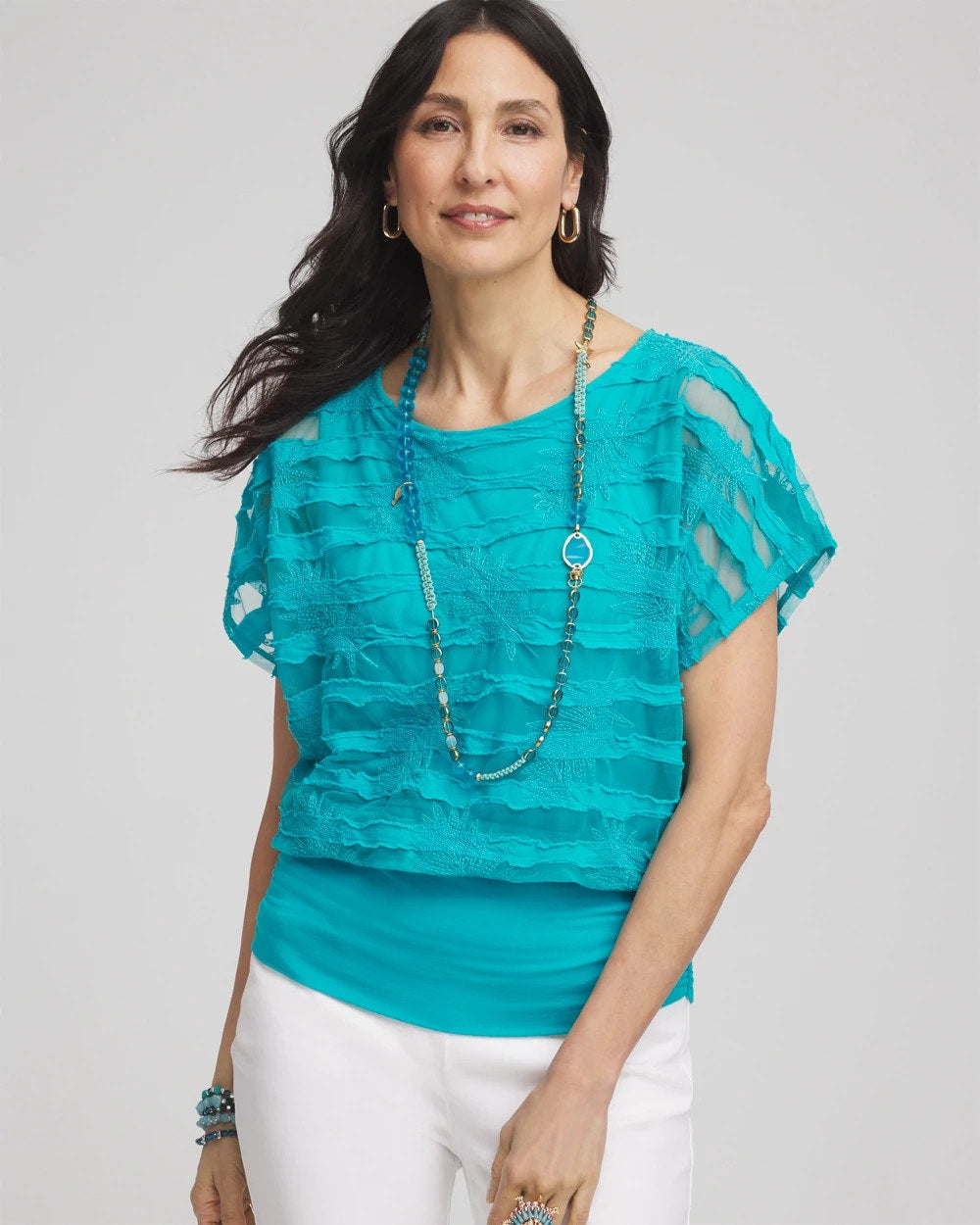 Chico's - Embroidered Striped Banded Bottom Top