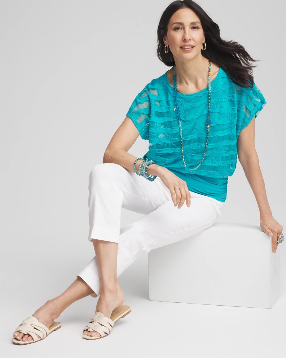 Chico's - Embroidered Striped Banded Bottom Top