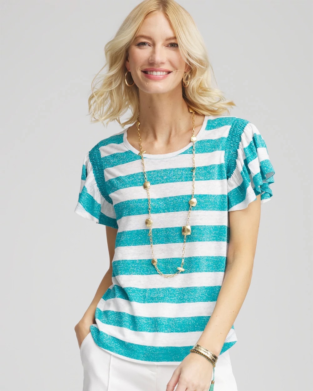 Chico's - Linen Metallic Striped Flutter-Sleeve Tee