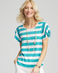 Chico's - Linen Metallic Striped Flutter-Sleeve Tee
